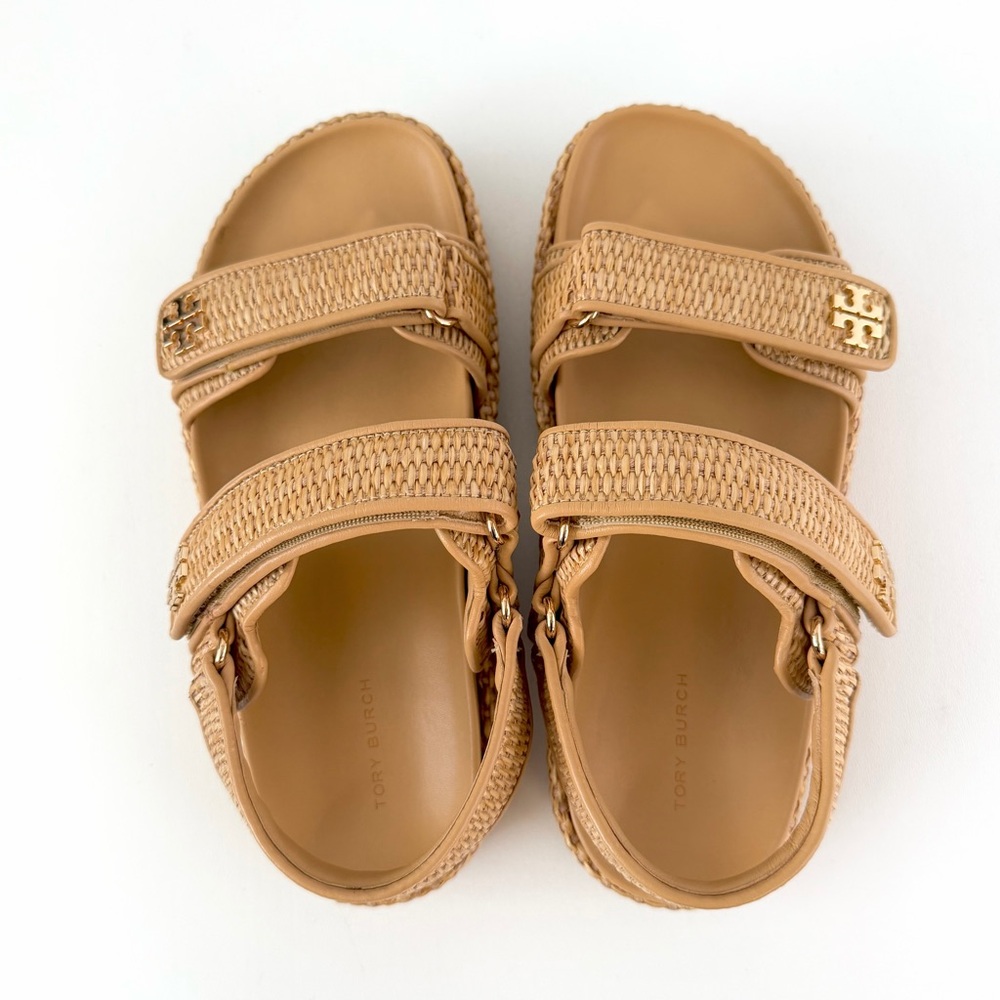 TORY BURCH || Kira Raffia Platform Sport Sandals Double T Logo Resort Summer 8.5 - Picture 7 of 13